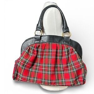 Red Plaid Tartan Statchel Shoulder Handbag Black Faux Leather Purse Preppy Chic
